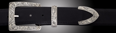 EF67A Santa Fe, Fine Engraved, 3 piece buckle set on Black Spanish Calf