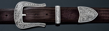 E27, floral engraved 1½ 3piece buckle on Chocolate Lizard