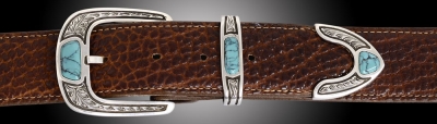 EC6TA Penasco, Turquoise 1½ with turquoise inlay stones, 3 piece set on Cognac Bison