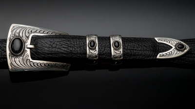 Pagosa 1&quot; Feather Engraved with Onyx inlay, Code EC78O